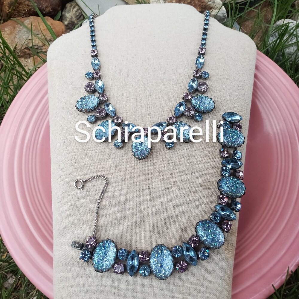 Signed Elsa Schiaparelli Iridescent Crackle Stone Demi Parure